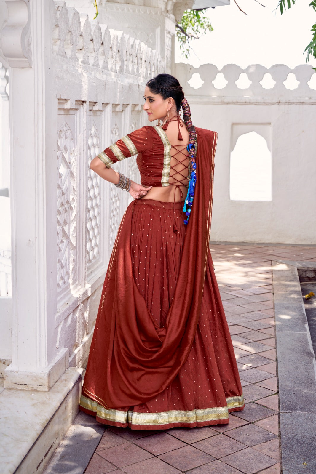 Orange chanderi lehenga for garba wear