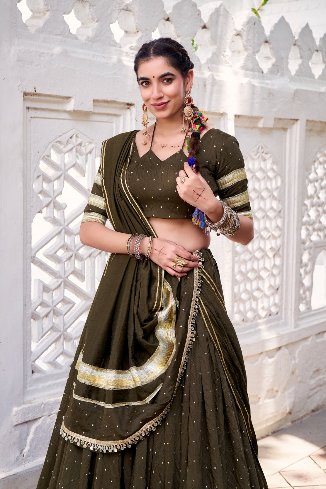 Mehendi chanderi lehenga for navratri