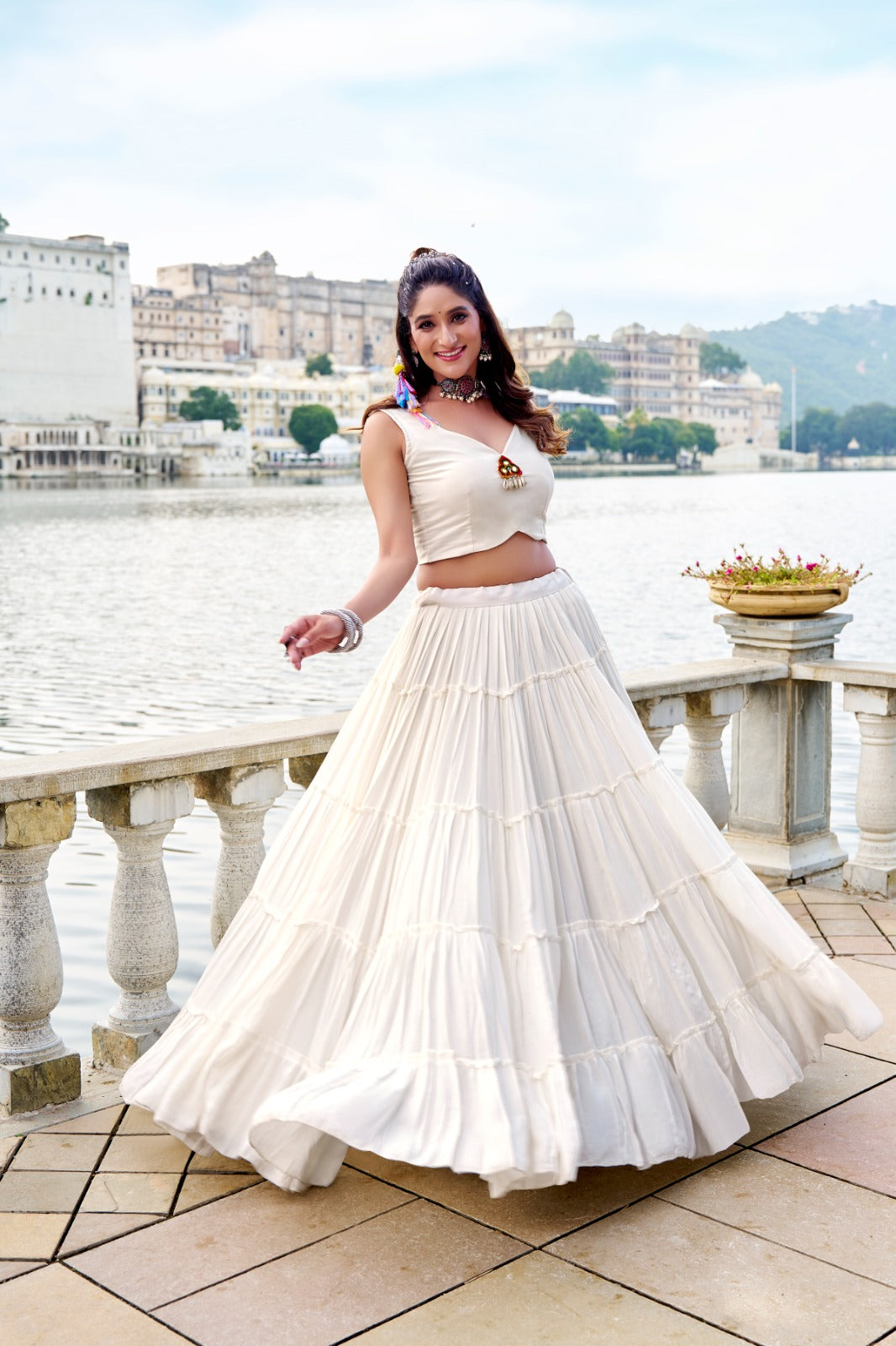 White color rayon lehenga choli with koti