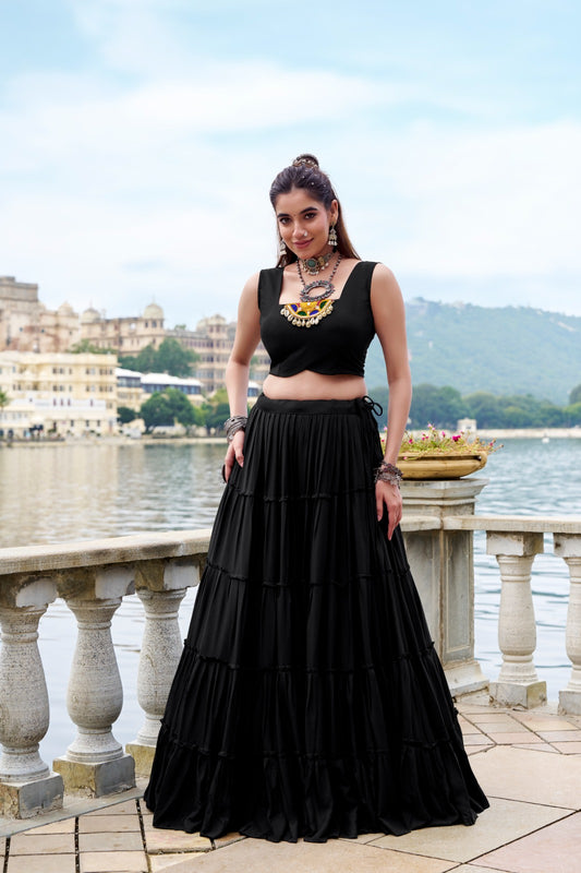 Black color rayon lehenga choli with koti