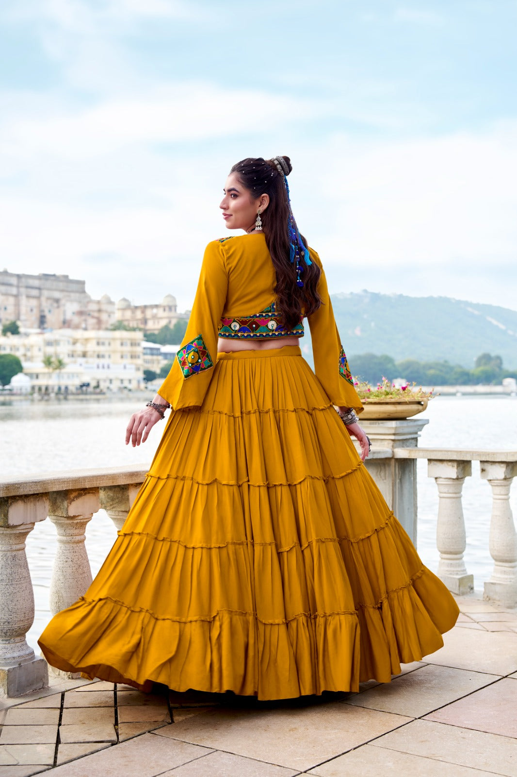 Gamthi Work Mustard Rayon Stitched Chaniya Choli