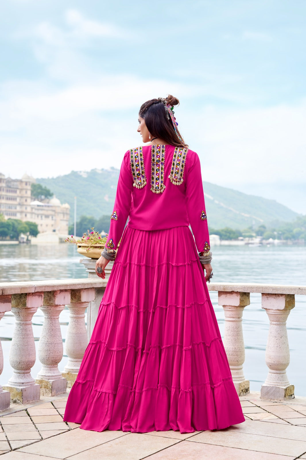 Navratri wear rayon pink lehenga choli with koti