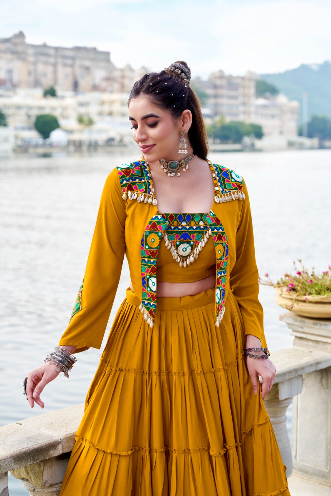 Gamthi Work Mustard Rayon Stitched Chaniya Choli