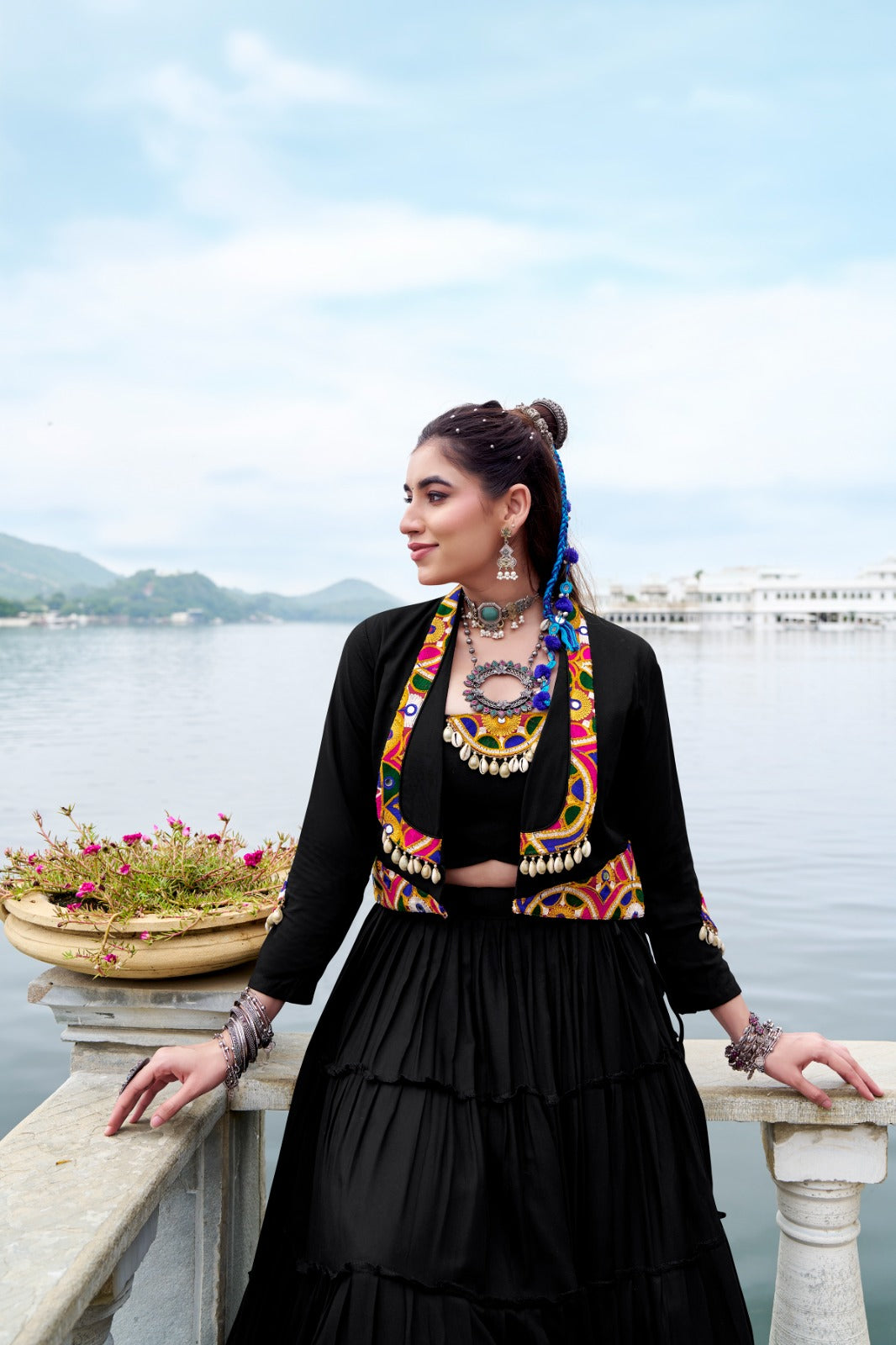 Black rayon lehenga choli with koti