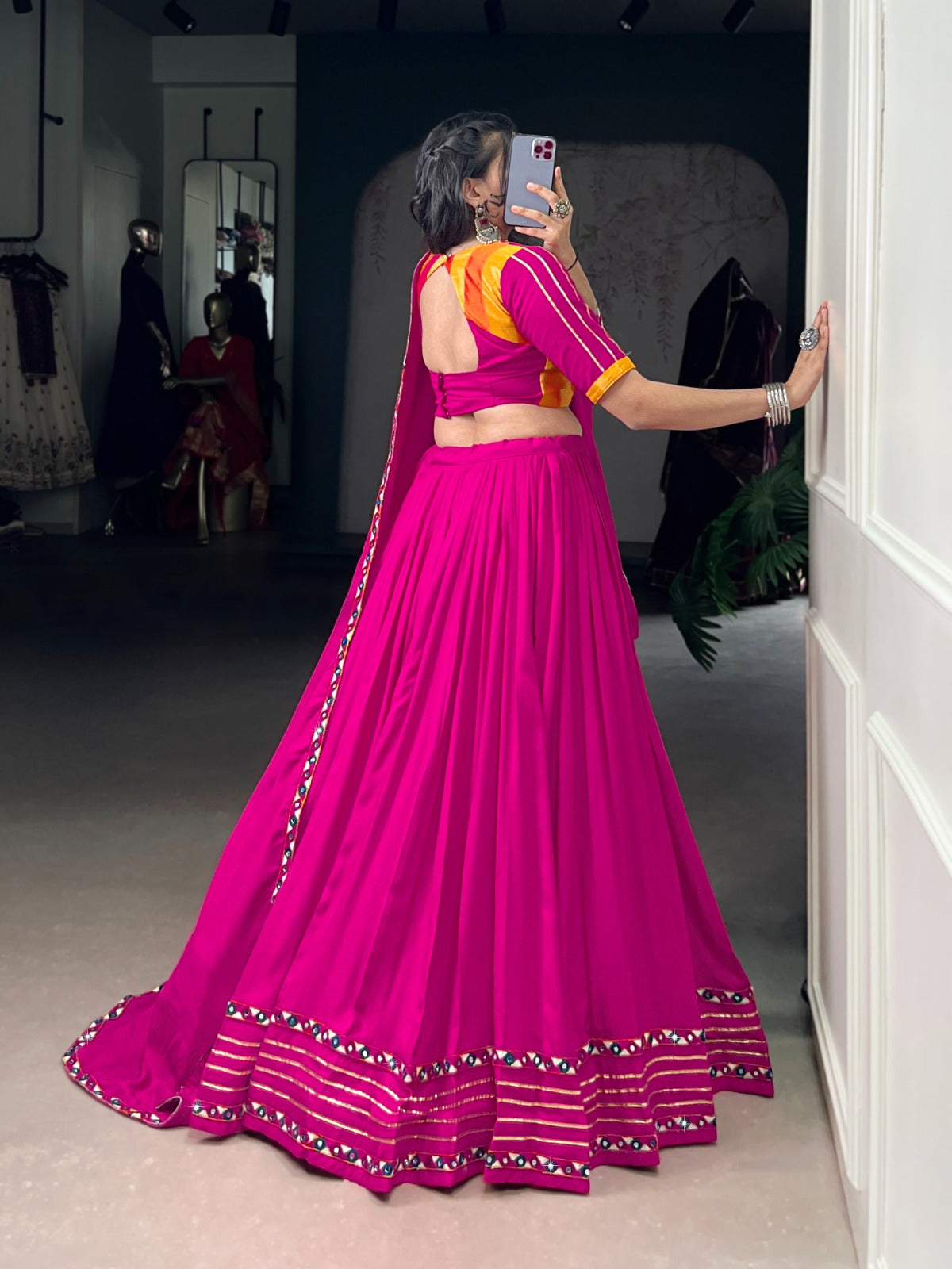 Pink color rayon mirror work ghagra choli