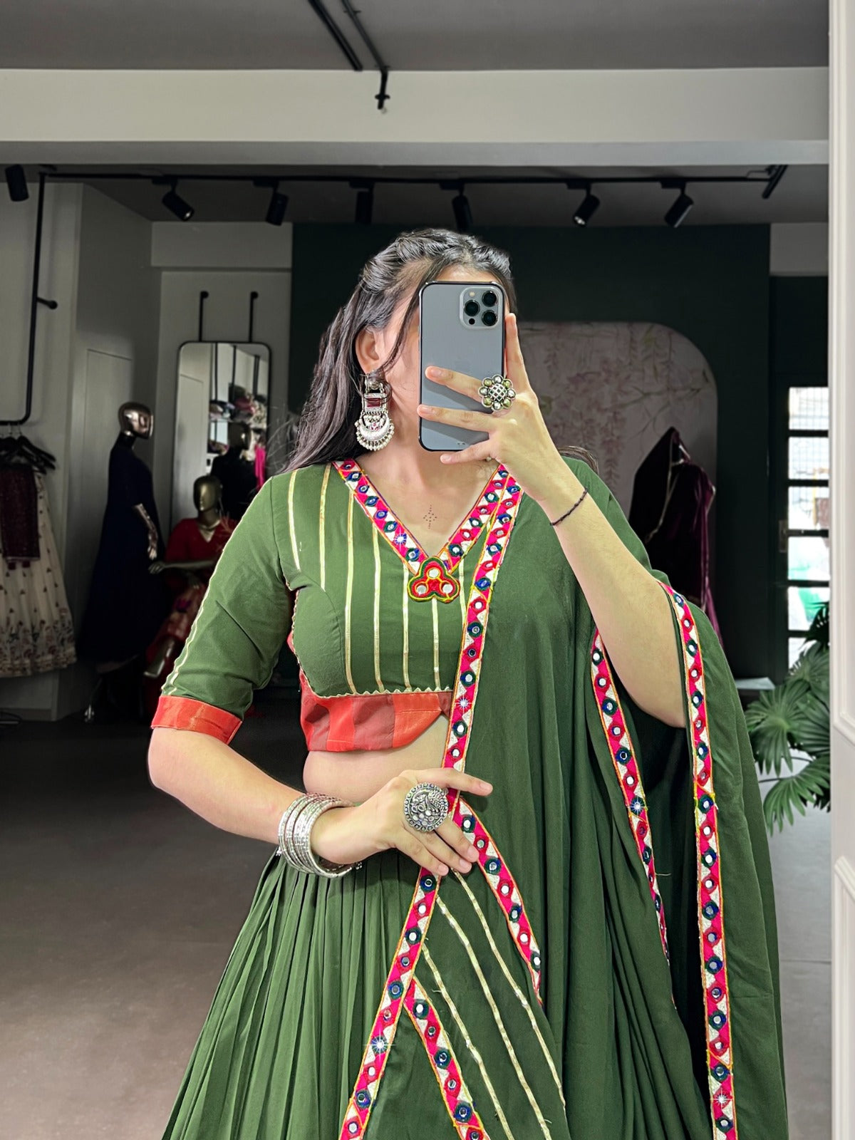 Green rayon lehenga choli for festive