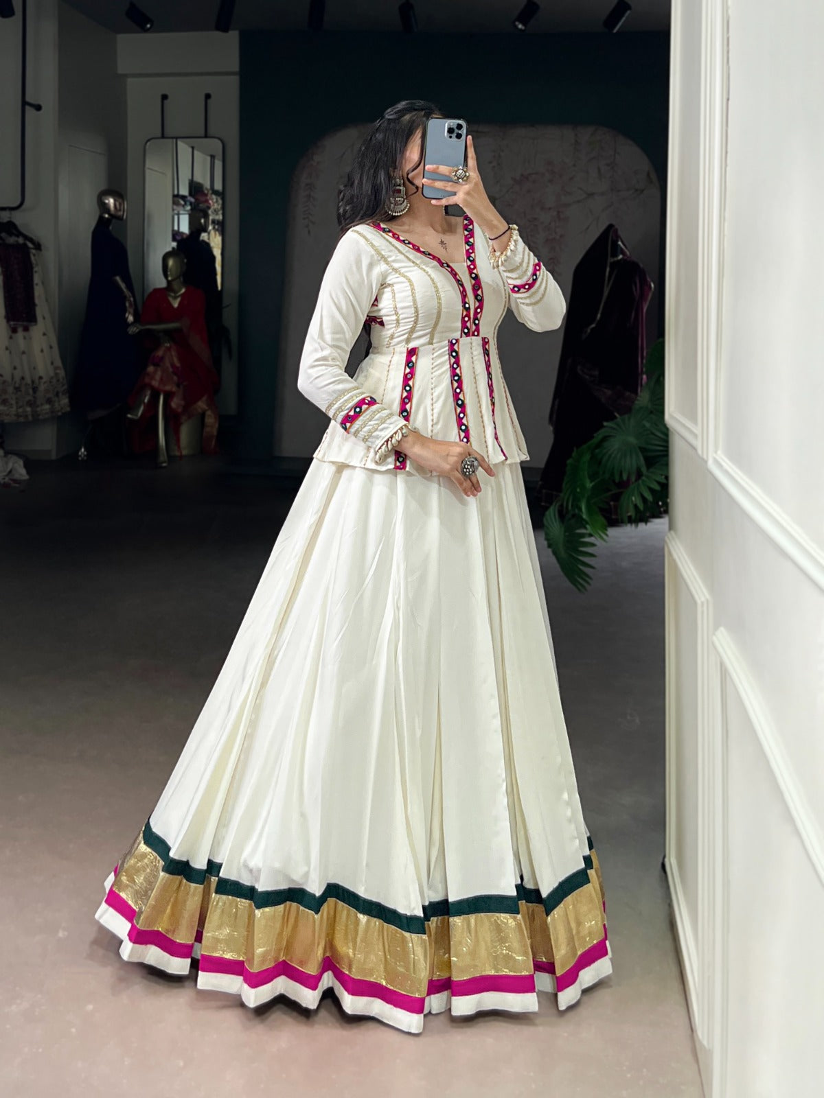 White color rayon gamthi work chaniya choli