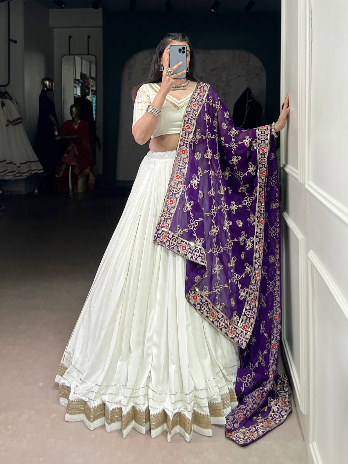 White zari weaving lehenga choli for festive