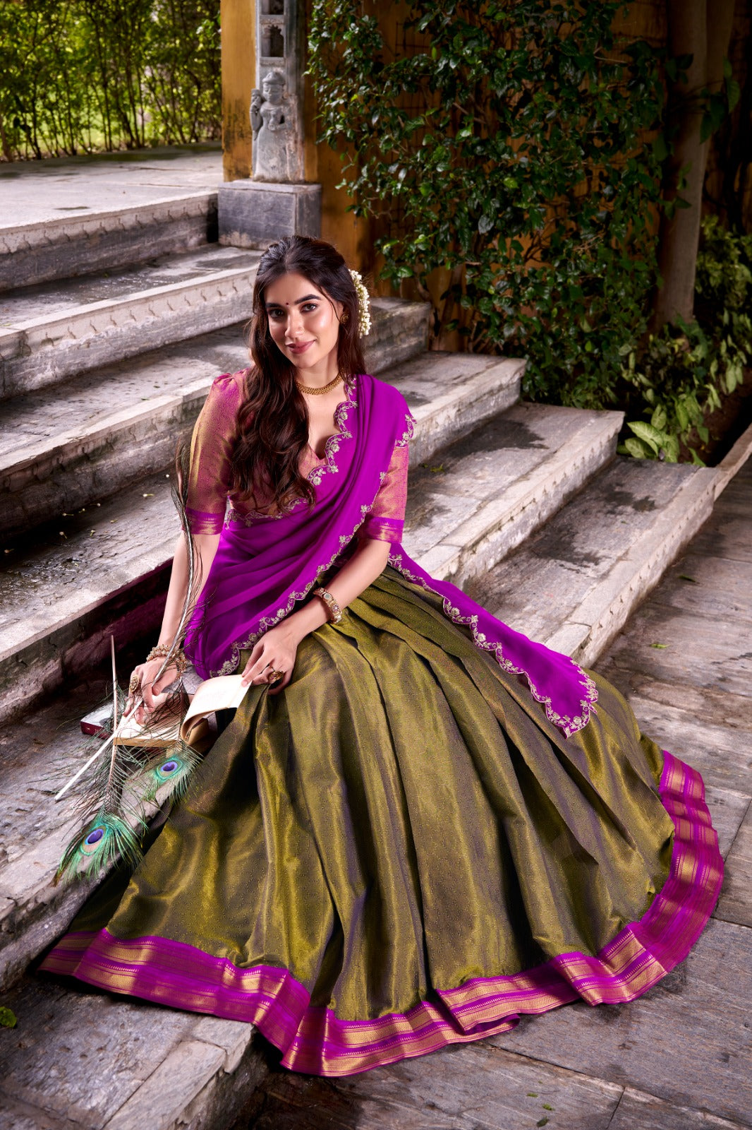 Pink color zari weaving lehenga choli