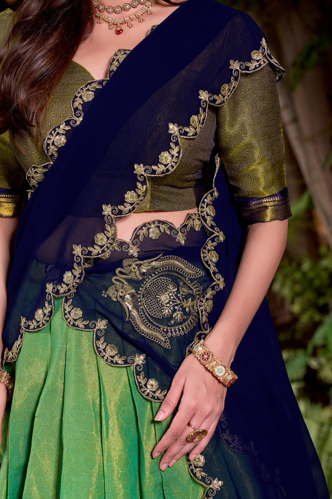 Navy blue color kanchipuram ghagra choli