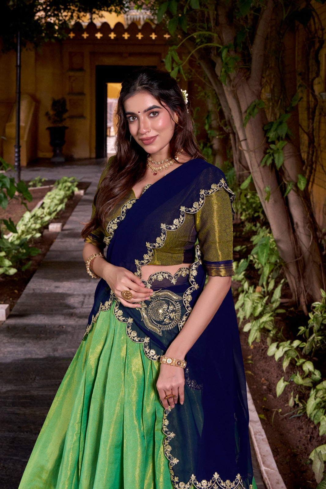 Navy blue zari weaving lehenga