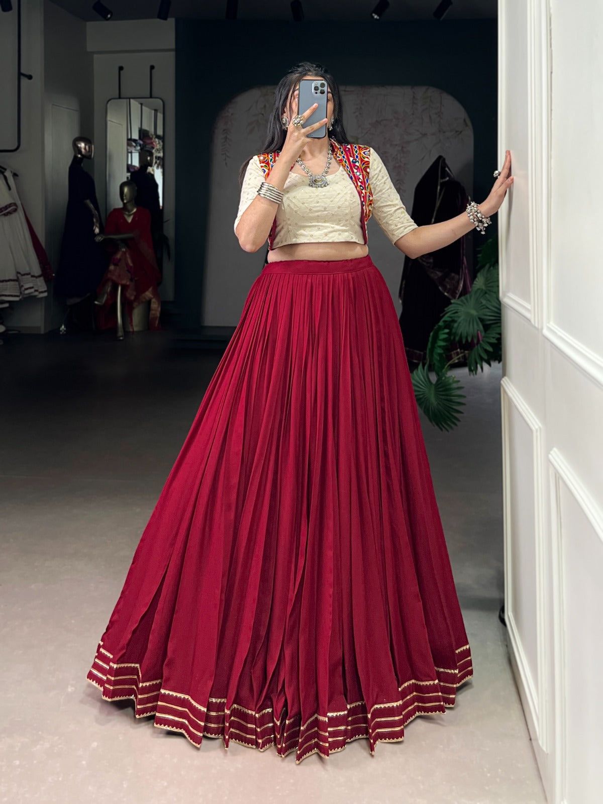Garba Wear Maroon Color Rayon Lehenga With Blouse