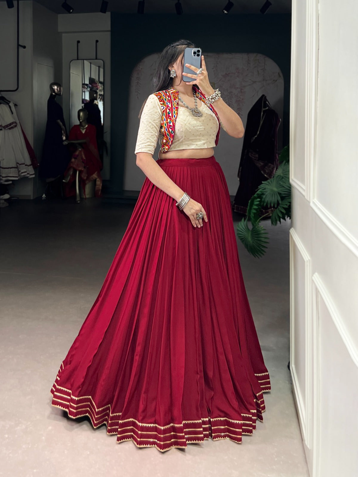 Garba Wear Maroon Color Rayon Lehenga With Blouse