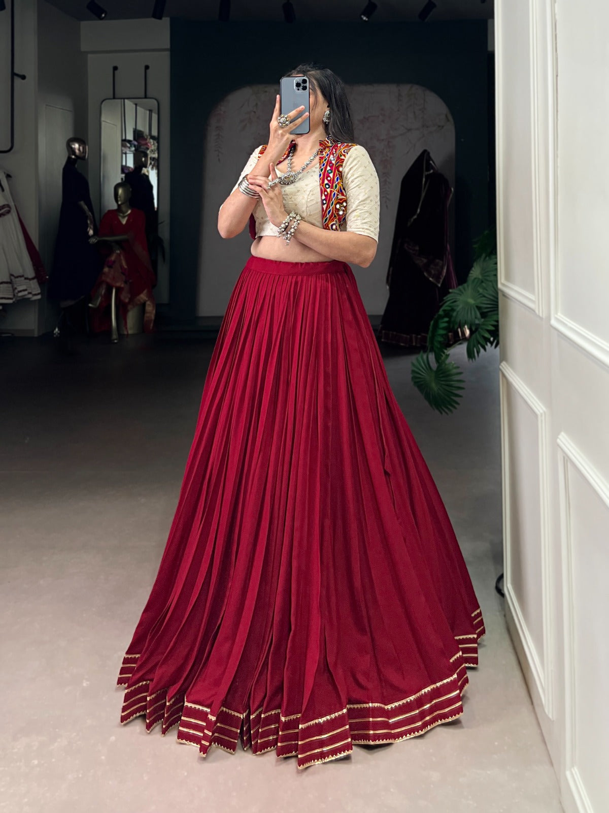 Garba Wear Maroon Color Rayon Lehenga With Blouse