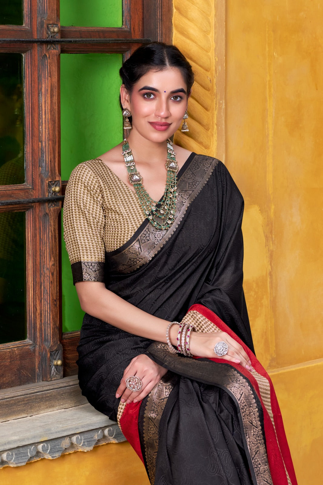 Black poly cotton printed saree with blouse in USA
