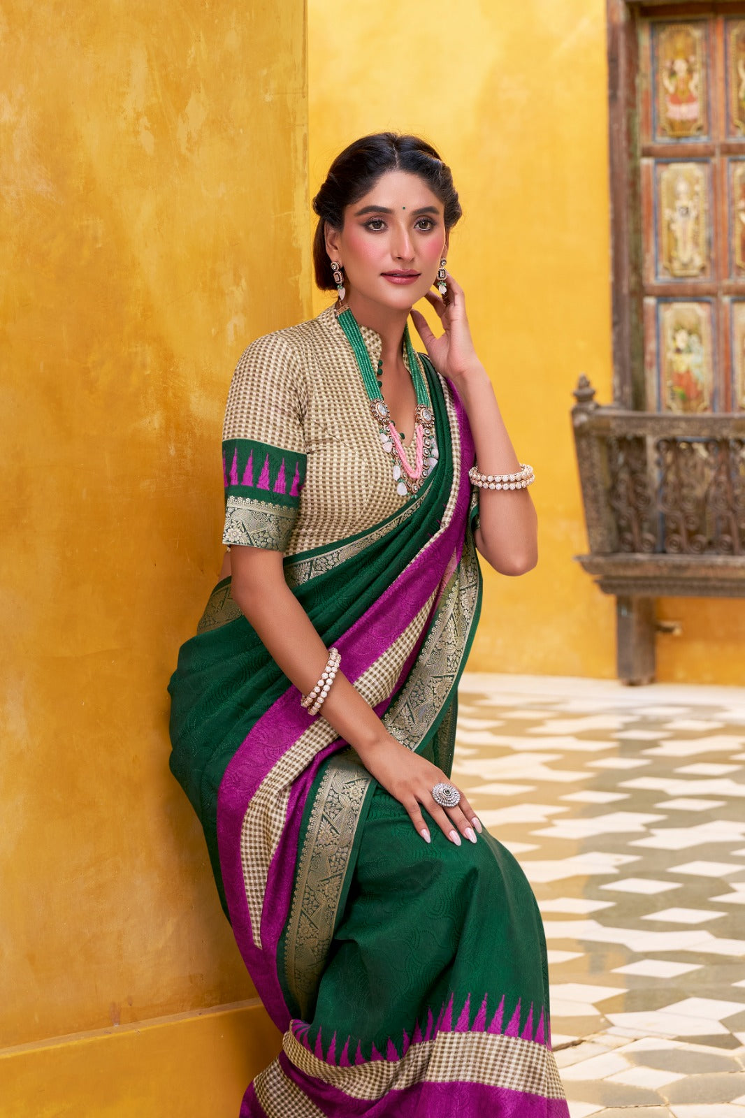 Green color printed sarees
