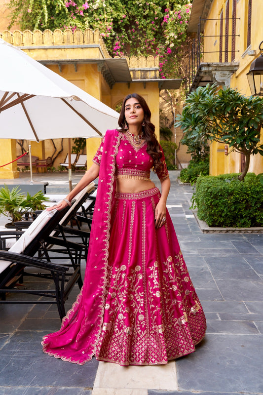 Rani Pink Silk Sequins Embroidered Work Lehenga Choli