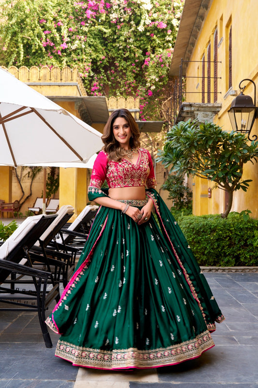Green Silk Sequins Embroidered Work Lehenga Choli