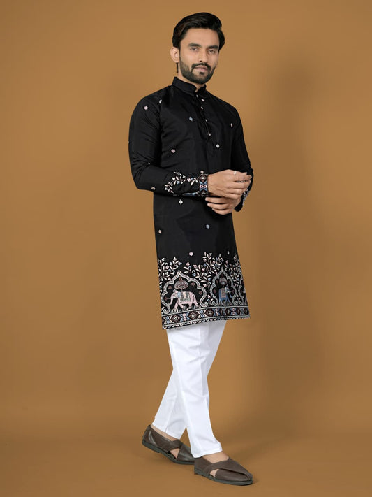 Trendy Black Silk Designer Mens Kurta with Pajama