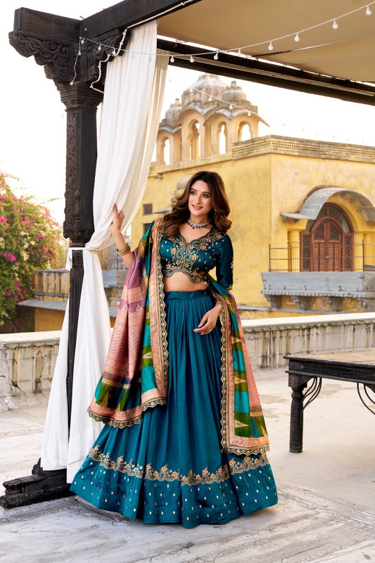 Firozi Color Vichitra Silk Lehenga Choli for Wedding