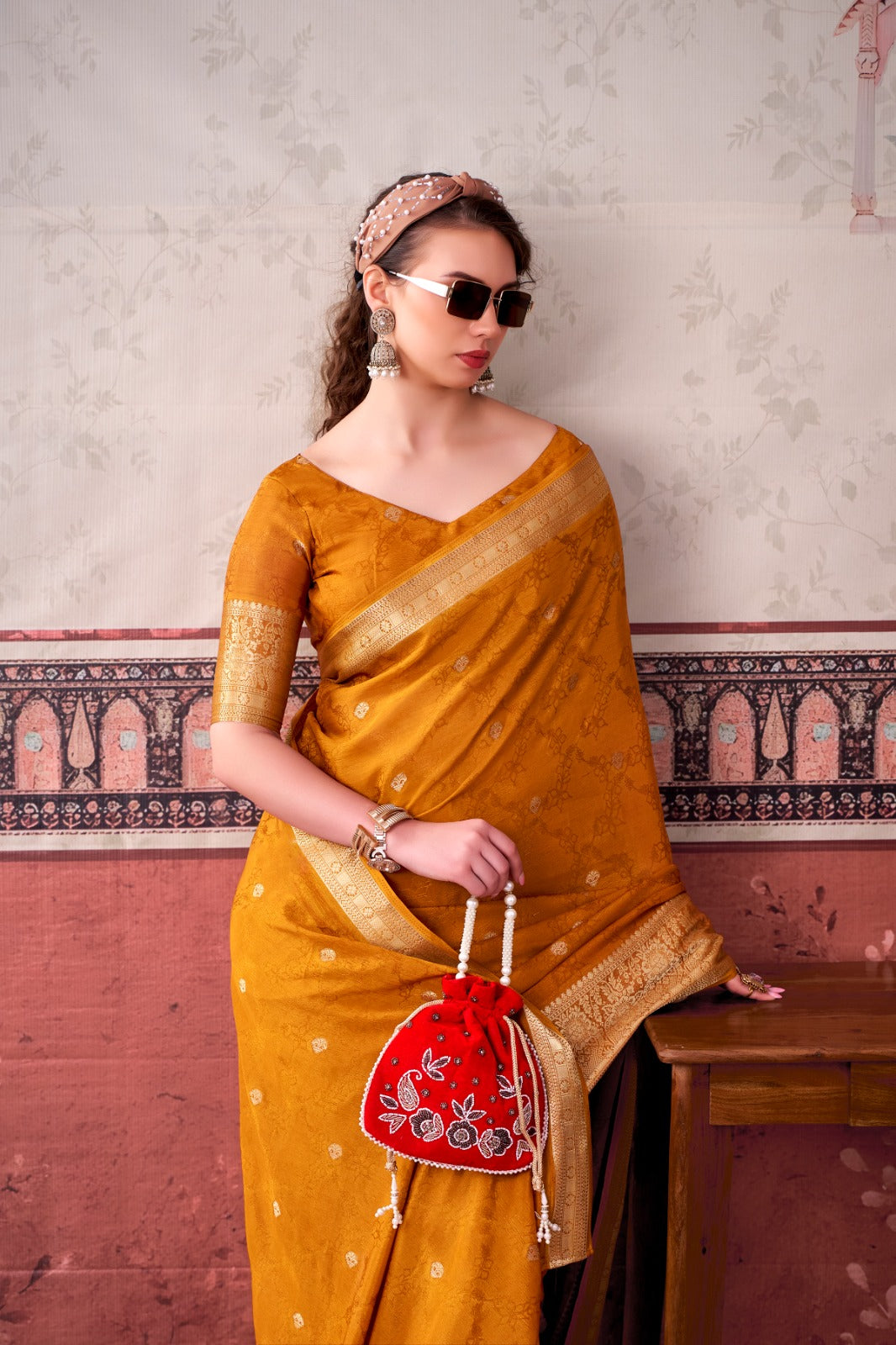 Mustard Chinon Zari Weaving Saree for Haldi