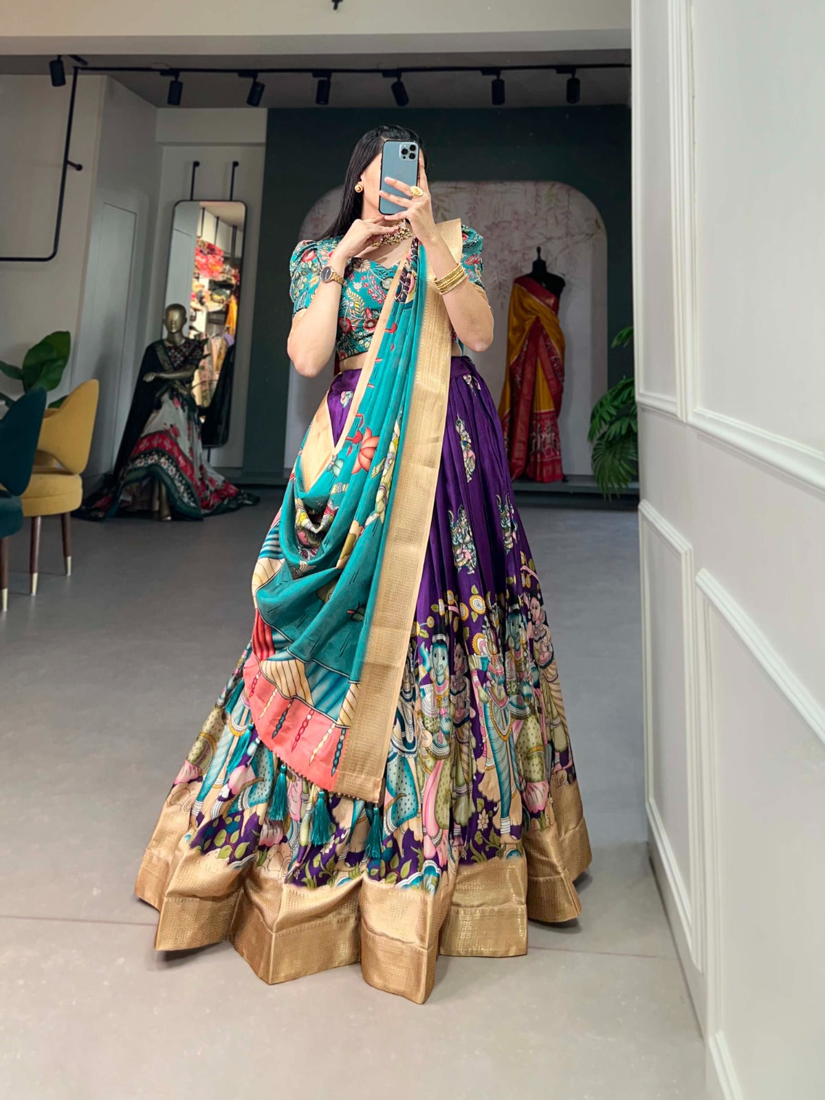 purple Color Kalamkari Print With Weaving Border Dola Silk Lehenga Choli amazon myntra