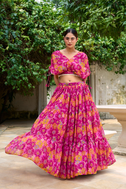 Fancy pink color chiffon lehenga choli for women images