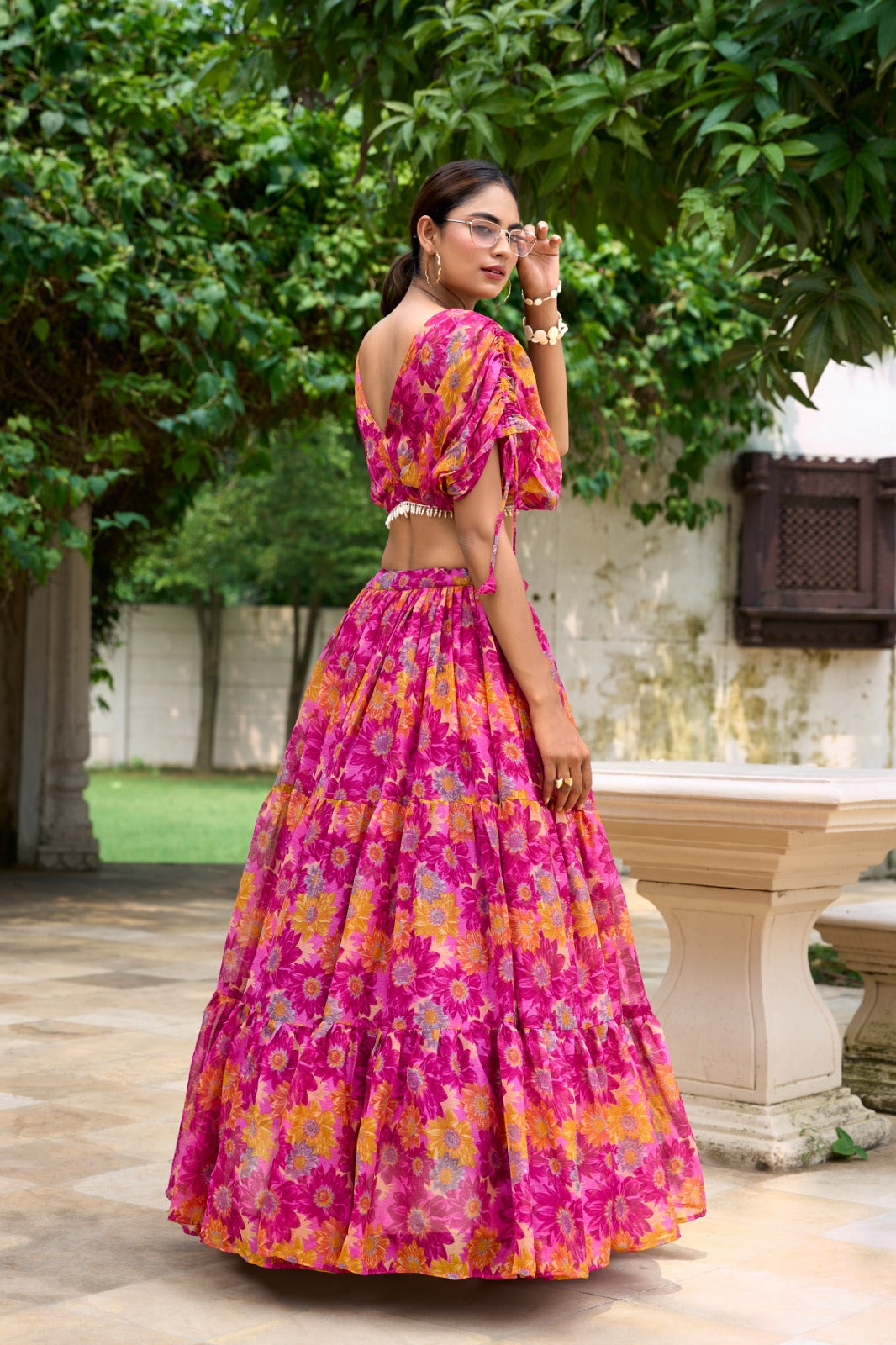 Pink color chiffon lehenga choli for women with price