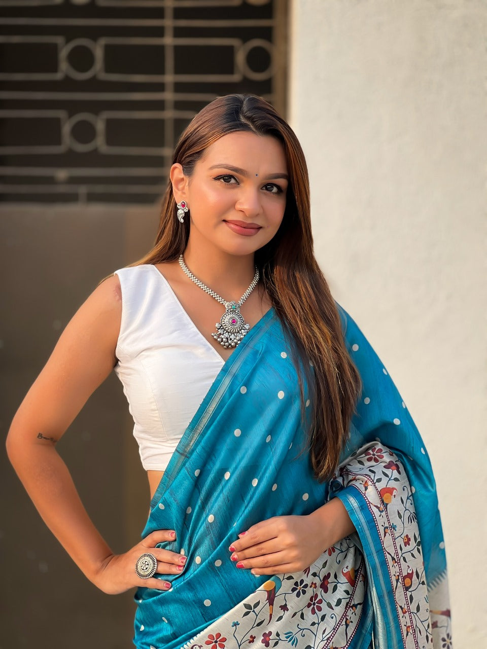 Teal Blue Silk Saree For Party Wear