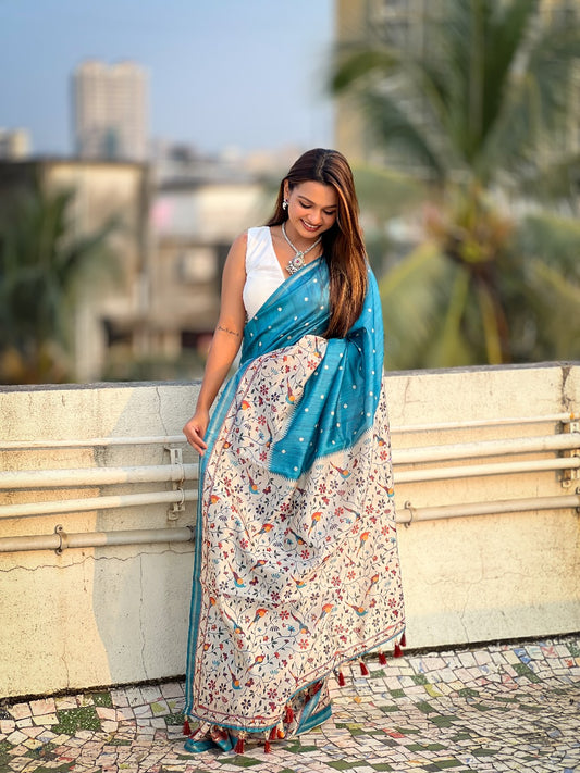 Pure teal blue color silk saree for women