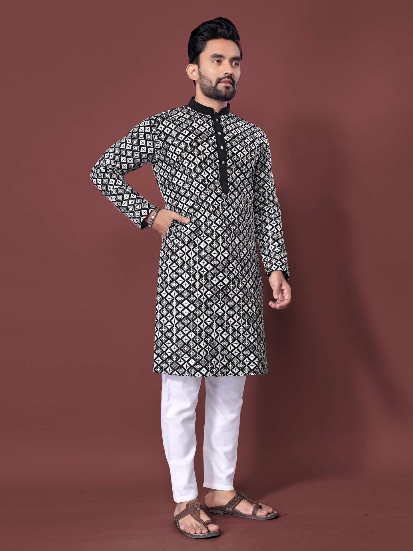 Black Color silk embroidery work kurta for men