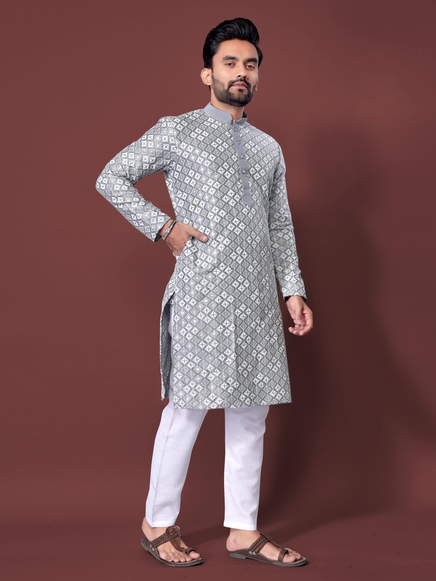 Grey color silk kurta pyjama design