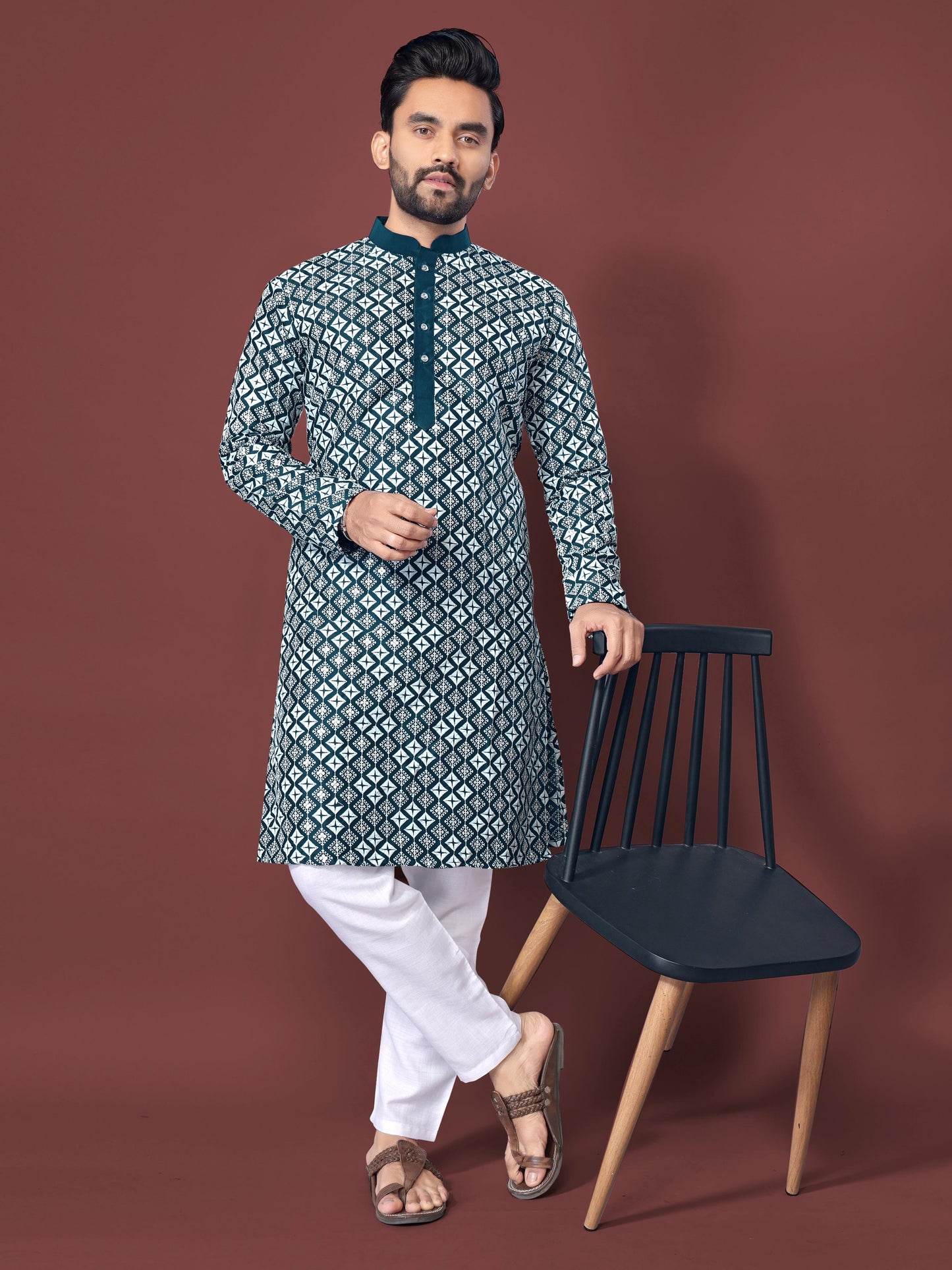Teal Blue Men's silk kurta set