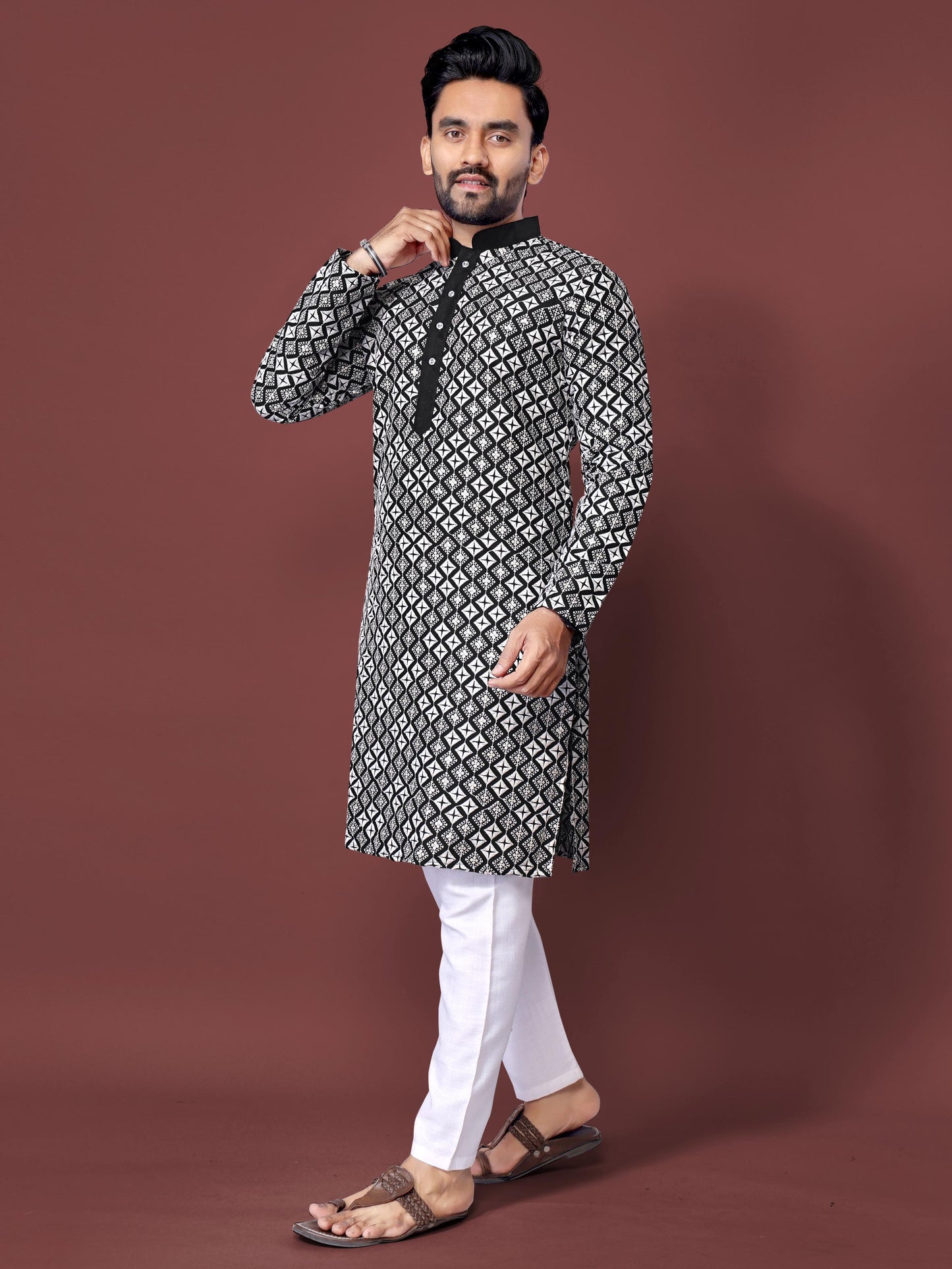 Black Color silk weaving kurta for party