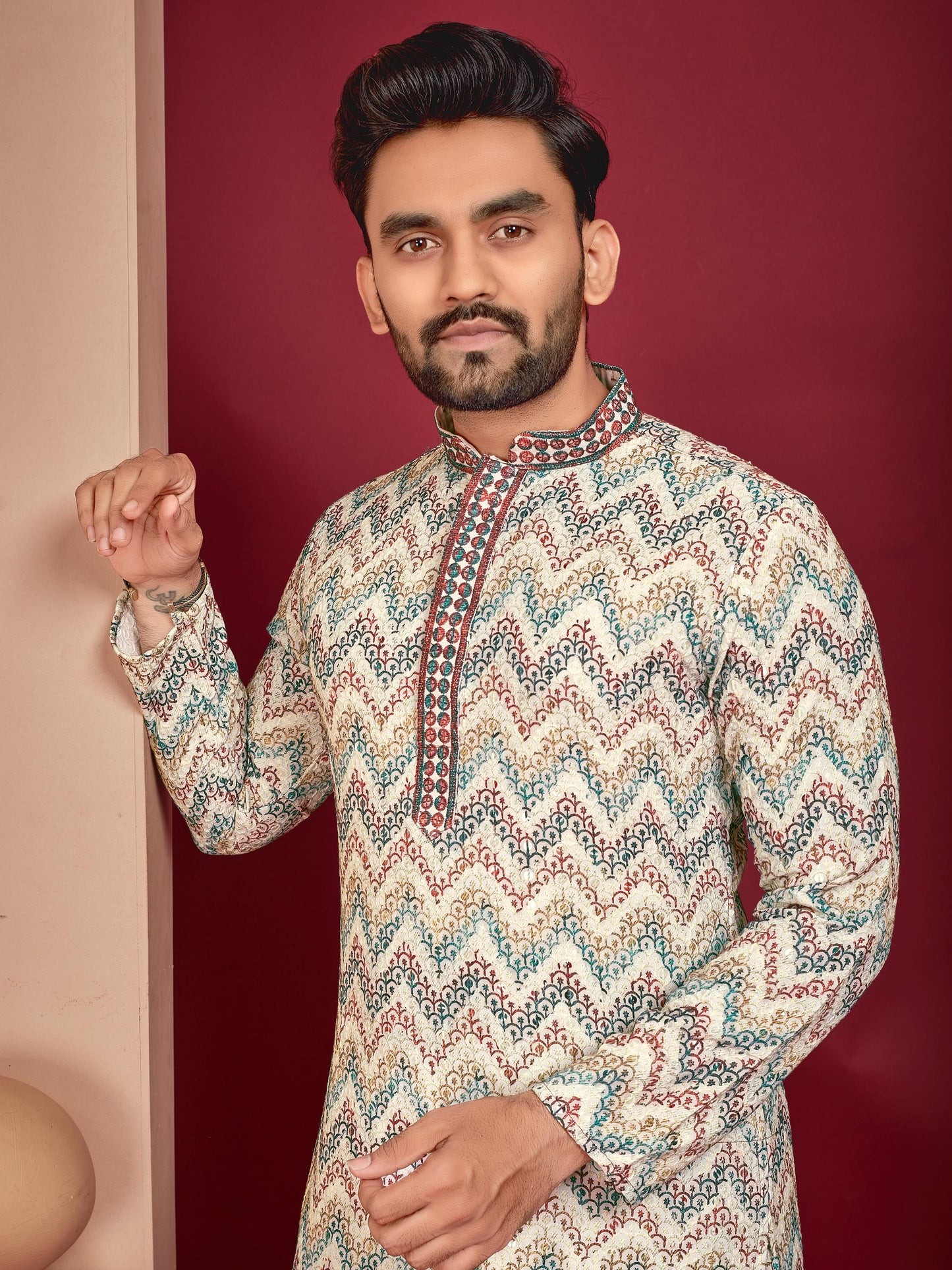 Ethnic wear Men's rayon lucknowi printed kurta set price