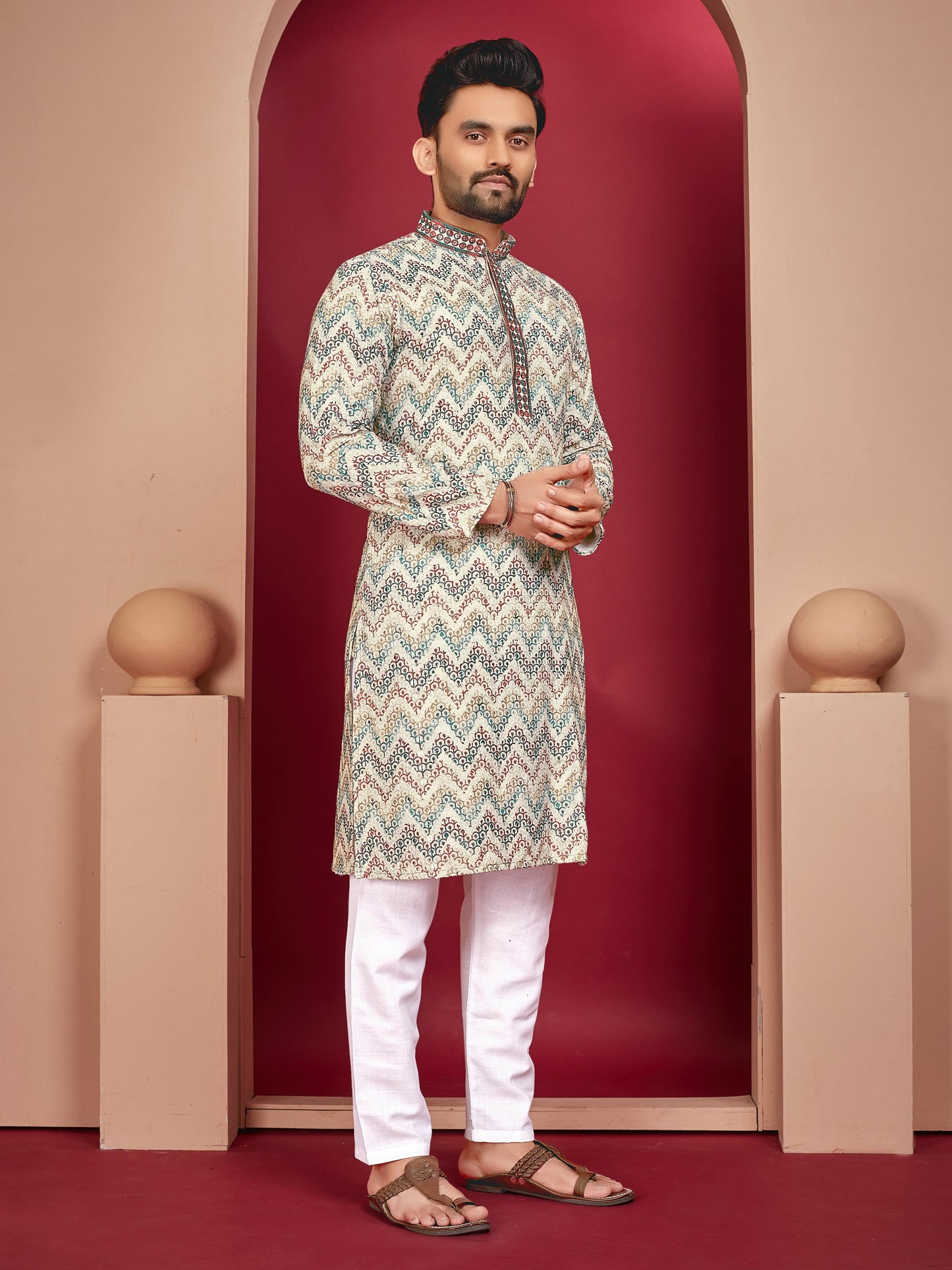 Men's rayon lucknowi printed kurta set images