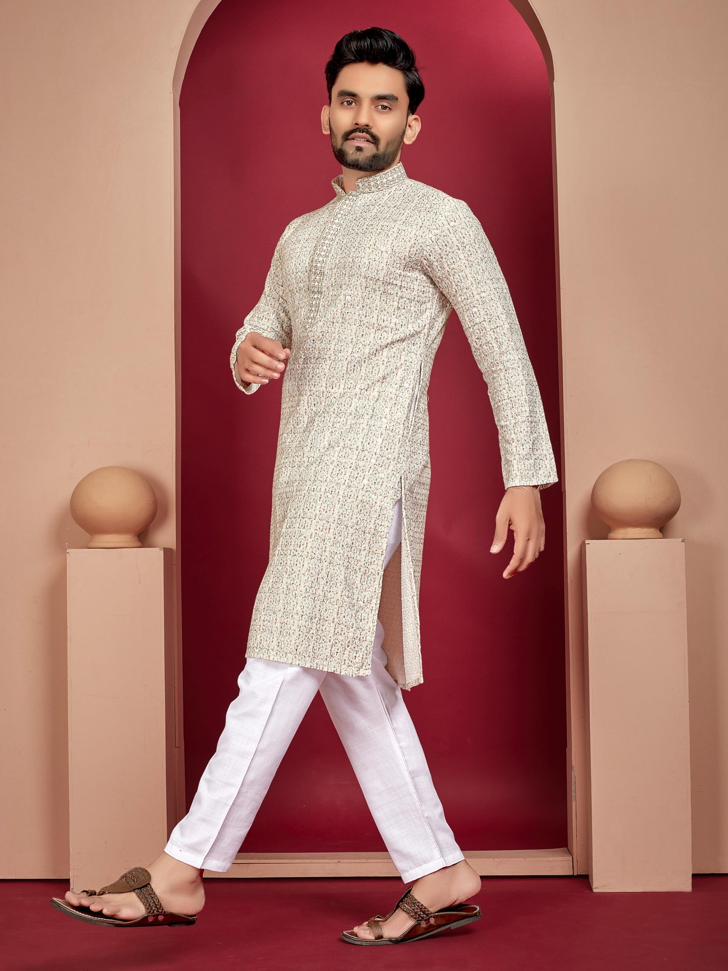 Men's rayon lucknowi printed kurta set for festive wear