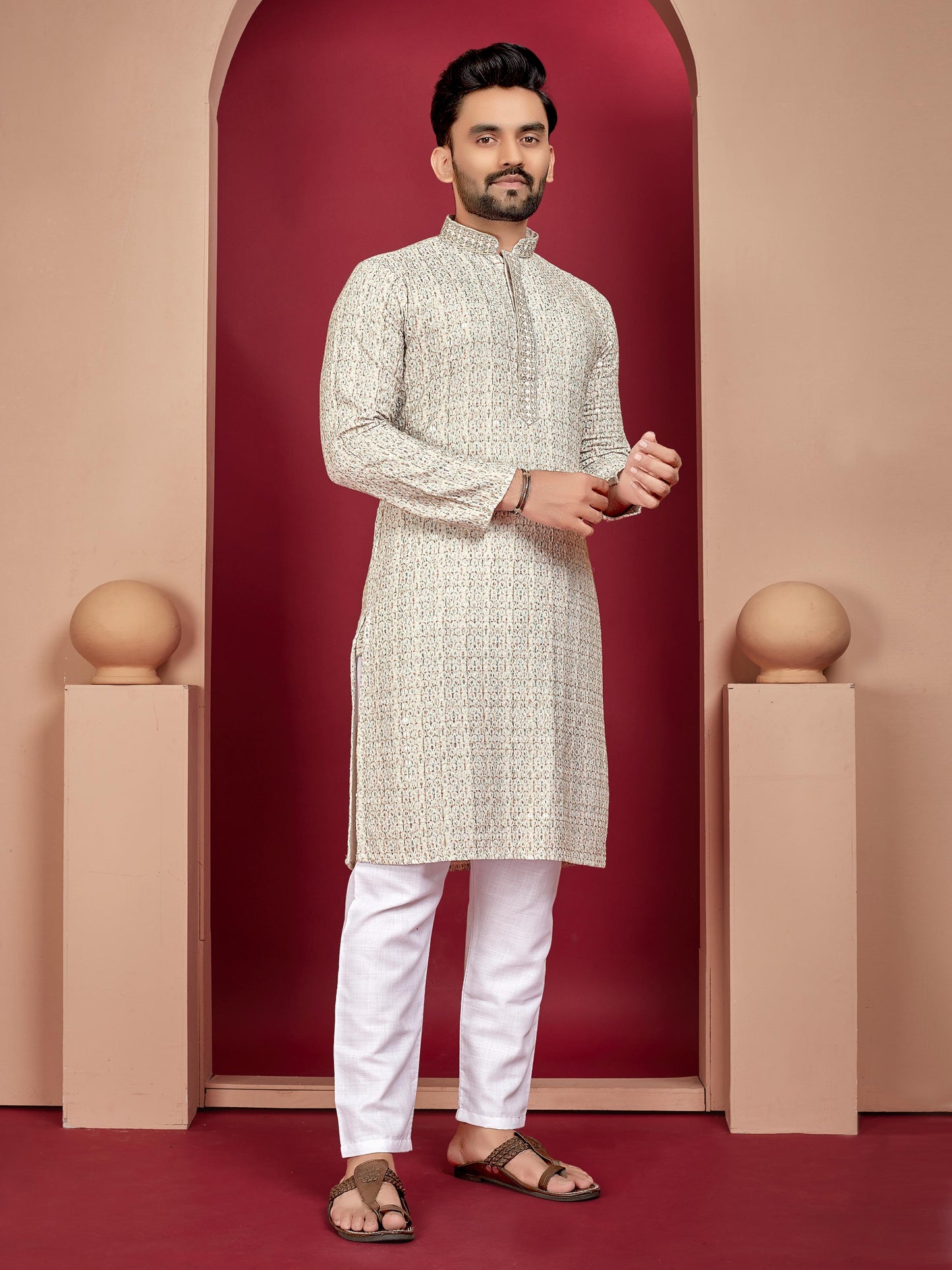 Men's rayon lucknowi printed kurta set online