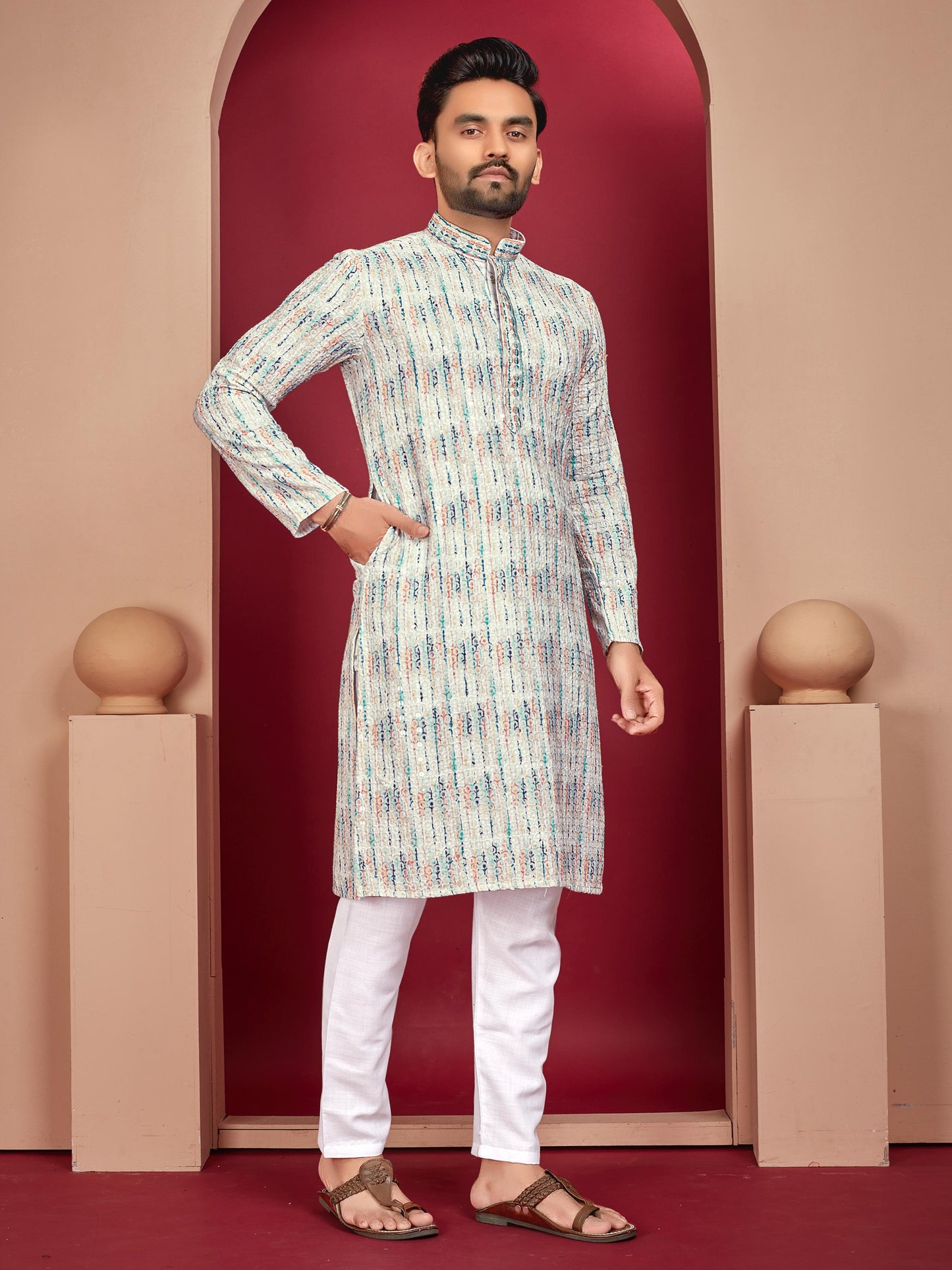 Men's rayon lucknowi printed kurta set design
