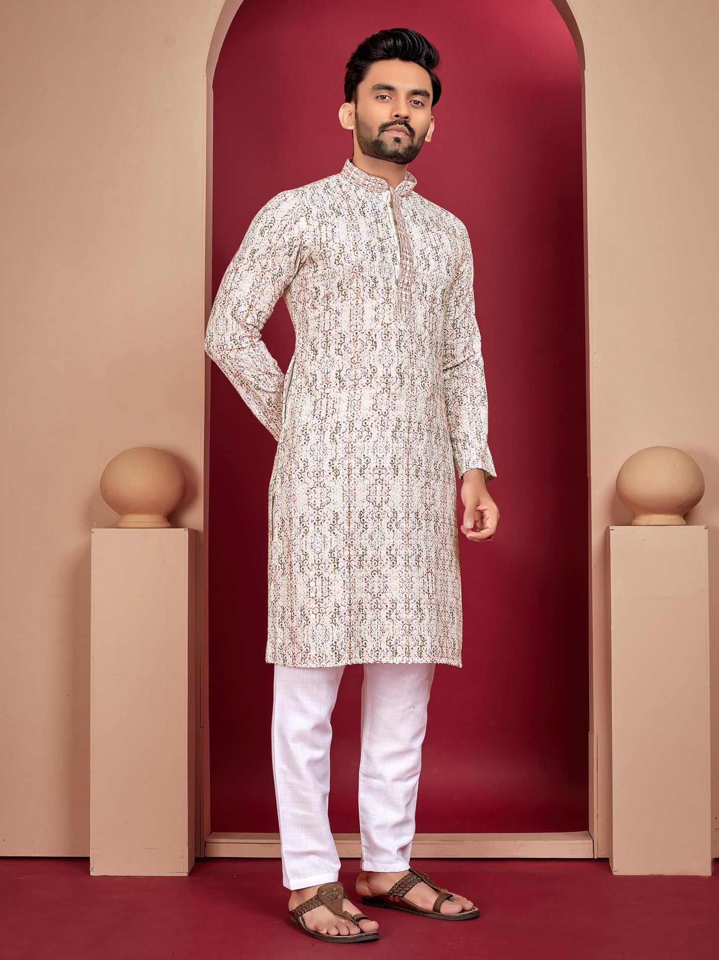 Lucknowi work Men's rayon printed kurta pajama