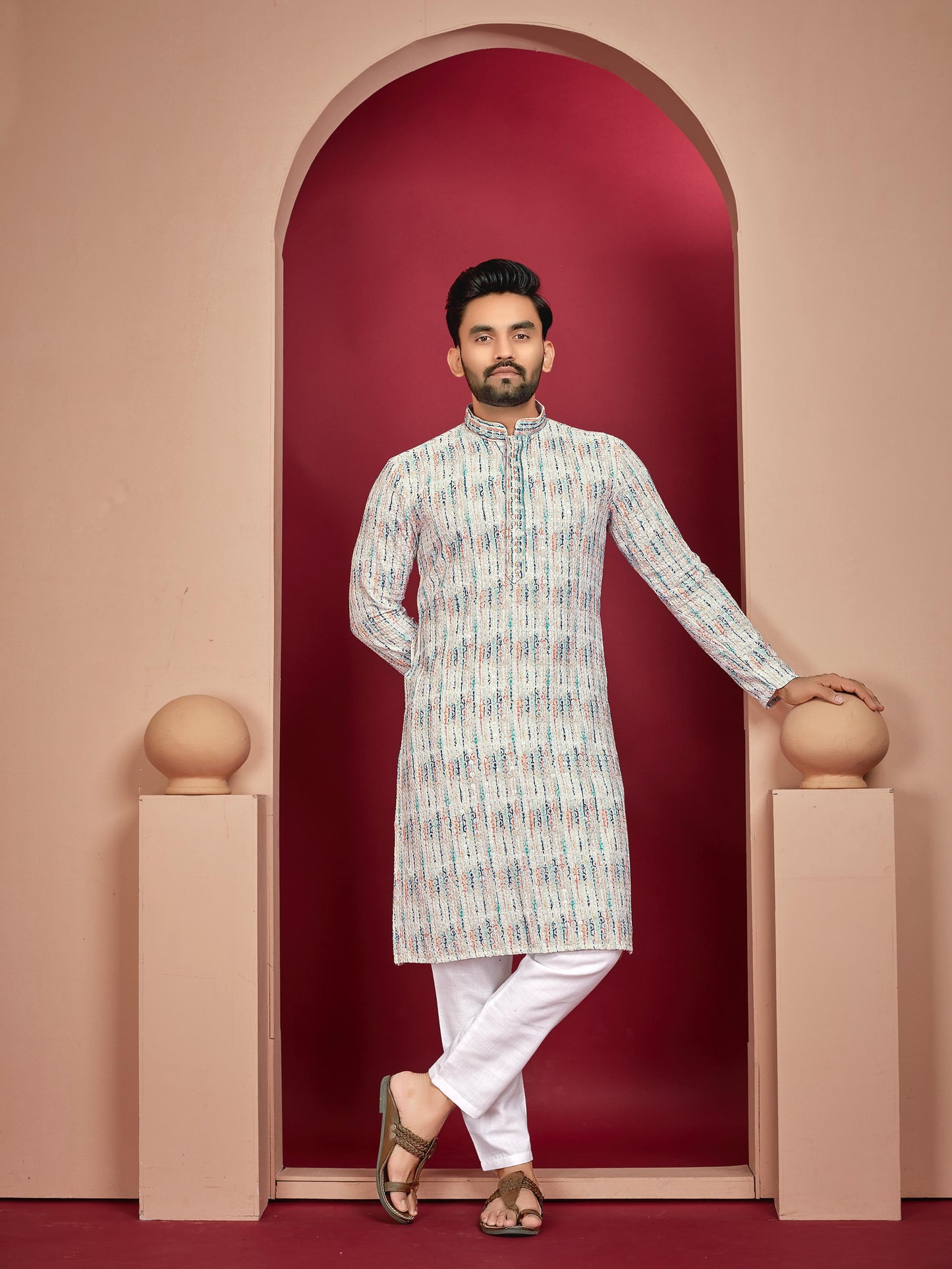 Men's rayon lucknowi printed kurta set online shopping