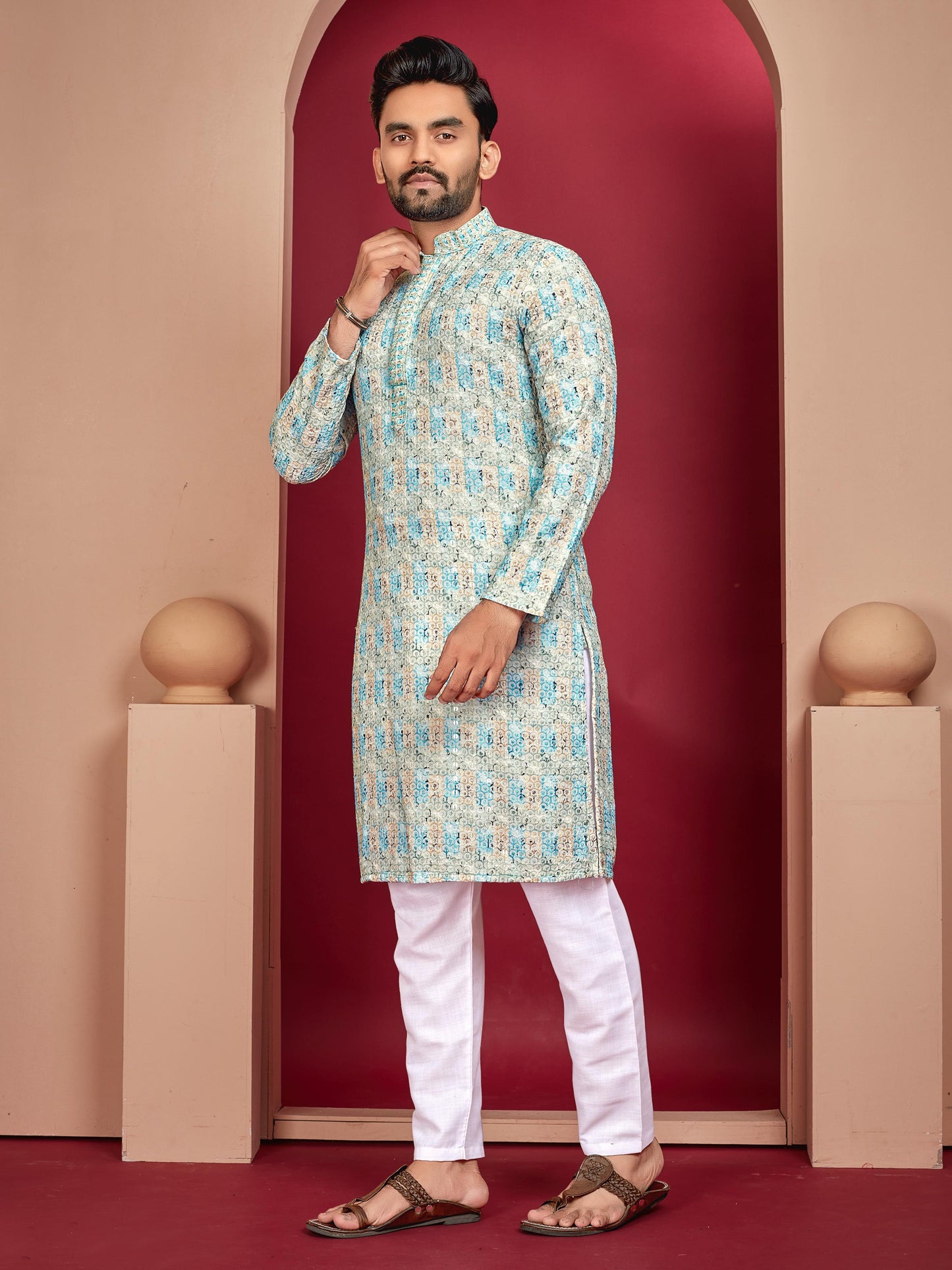 Rama Lucknowi work Men's rayon printed kurta Pajama set