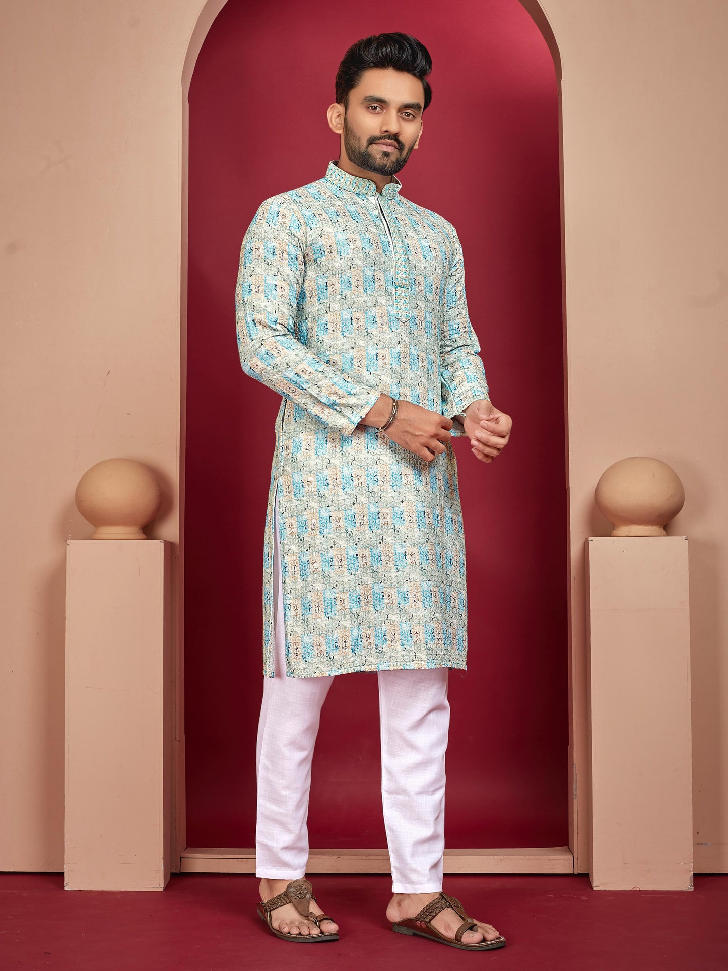 Lucknowi Printed Work Designer Men's Kurta Pyjama Set for Wedding