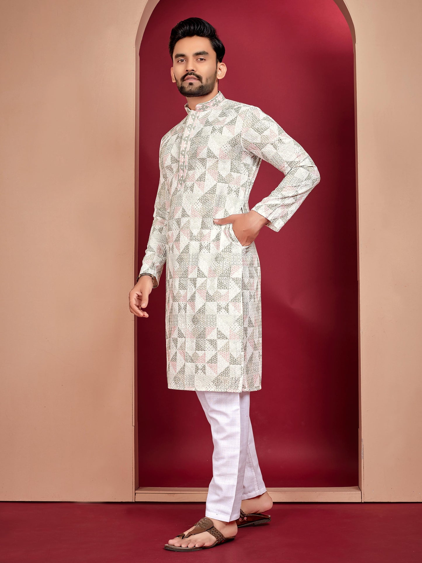 Lucknowi work Men's rayon printed kurta set design look