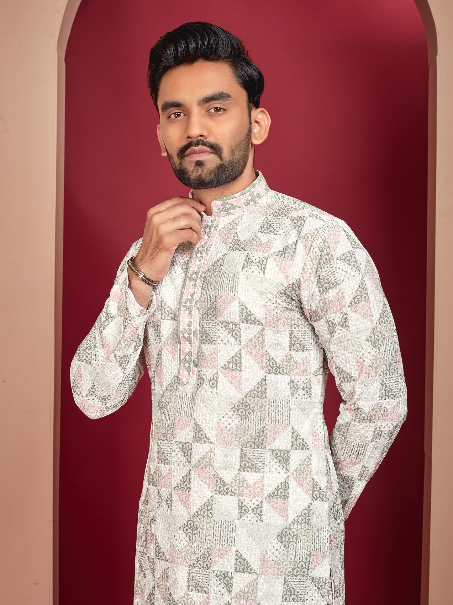 White designer Lucknowi work Men's rayon printed kurta