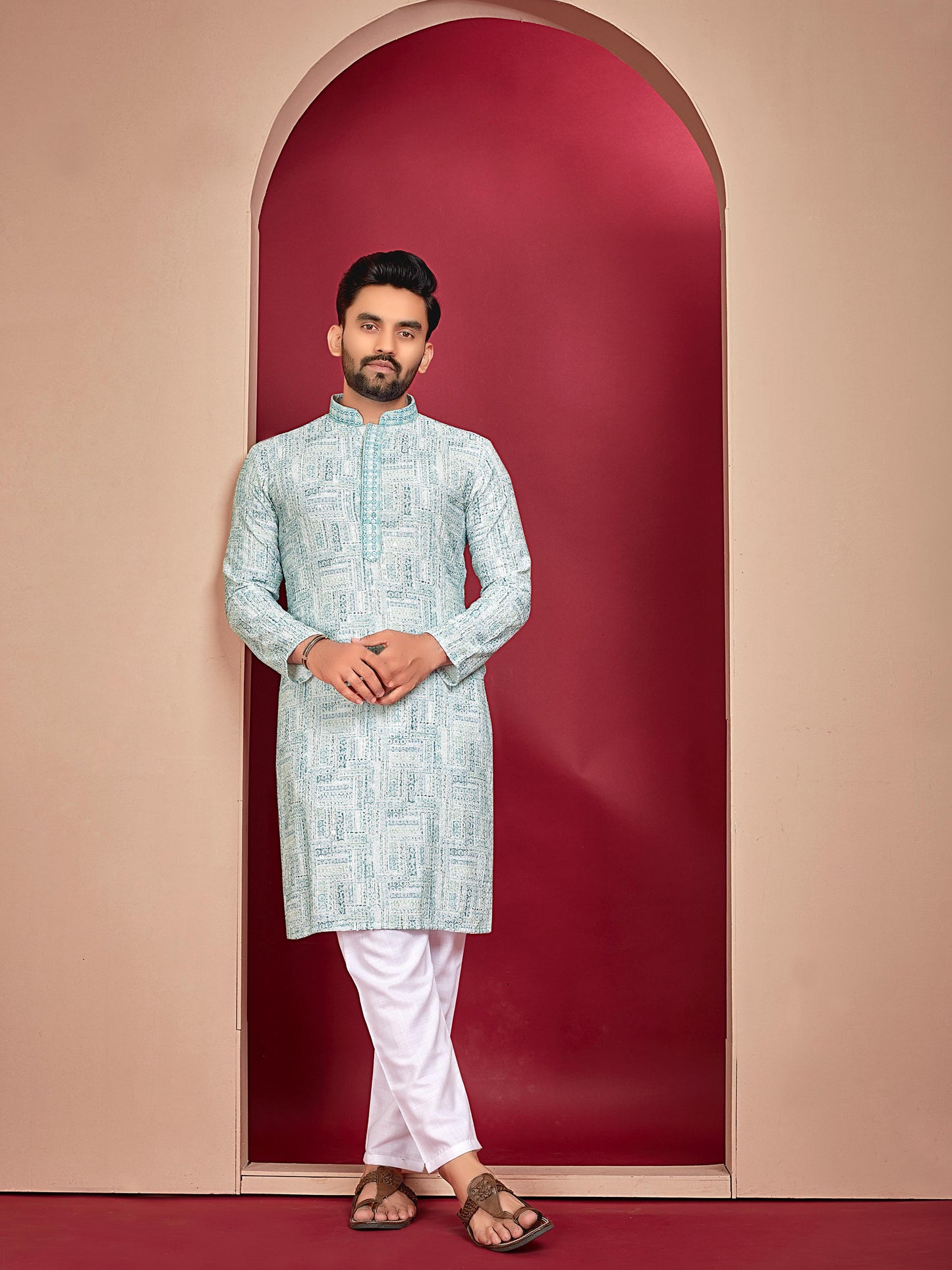 Men's rayon lucknowi printed kurta set online