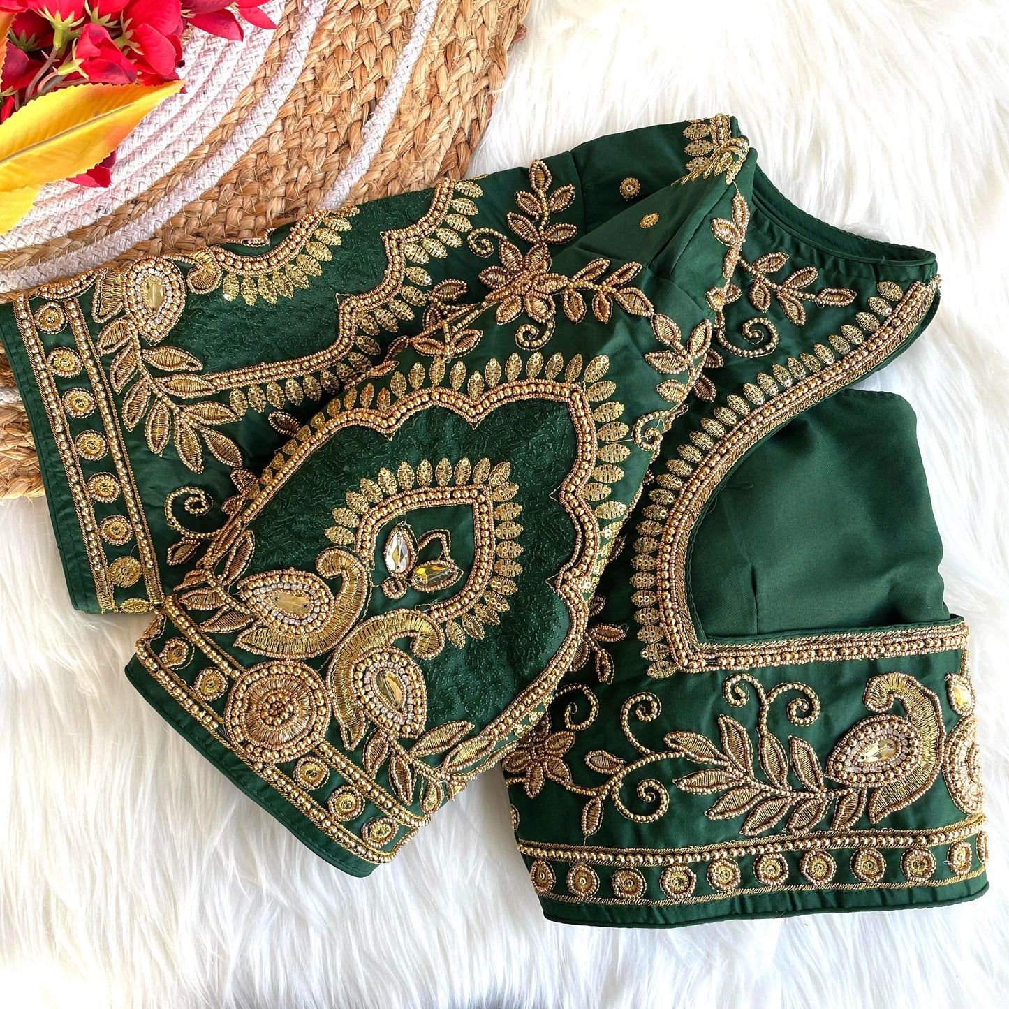 Green color banarasi silk blouse images