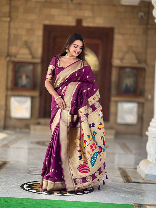 South Indian Purple Color Paithani Silk Festive Wear Saree With Blouse
