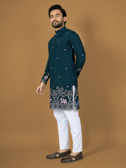 Trendy Teal Silk Designer Mens Kurta with Pajama