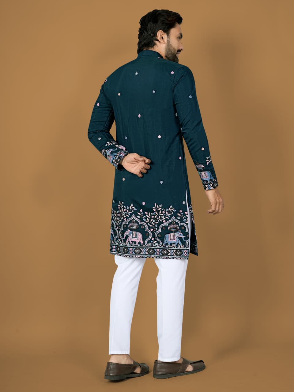 Trendy Teal Silk Designer Mens Kurta with Pajama